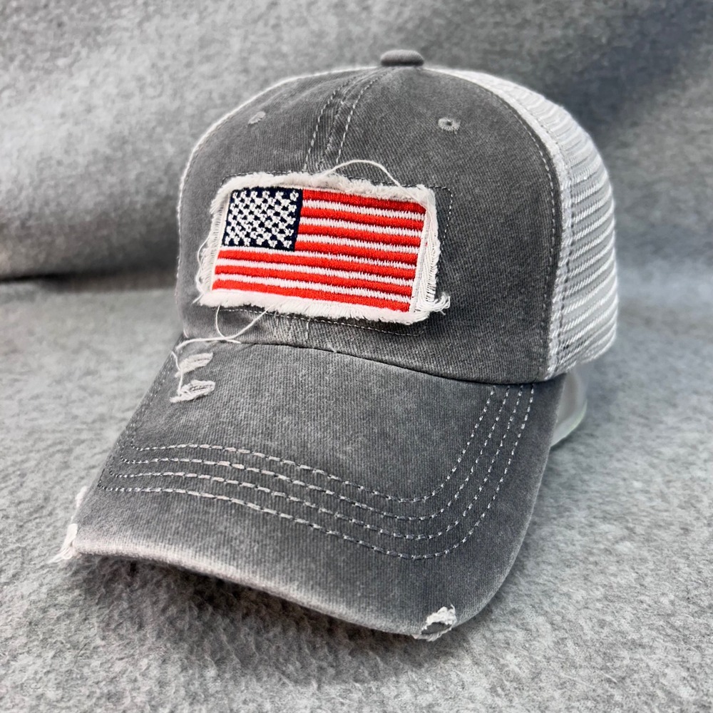 American Flag Womens Gray Unbranded Trucker Hat Ponytail Distressed OSFM